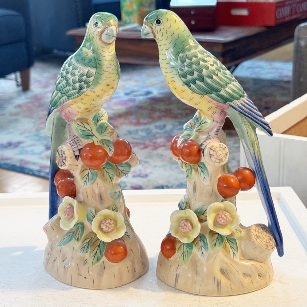 Pair of Andrea by Sadek Colorful Parrots Figurines with Floral Accents Vintage